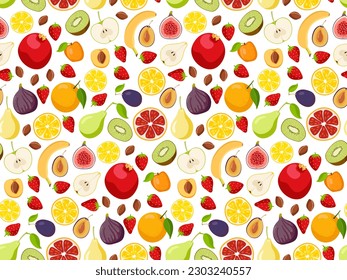 Seamless pattern with Fruits and berries. Fresh Natural organic food. Fruits in hand-drawn style. Repeated vector For wallpaper, wrapping paper, textile, scrapbooking.s. Ingredients for cooking.