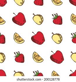 Seamless pattern of fruits and berries on white background. Vintage apples, apricots, strawberries and oranges. 