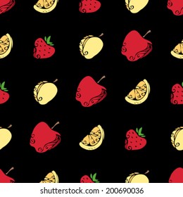 Seamless pattern of fruits and berries on black background. Vintage apples, apricots, strawberries and oranges. 