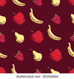 Seamless pattern of fruits and berries on brown background. Vintage pears, bananas, raspberries and apples. 