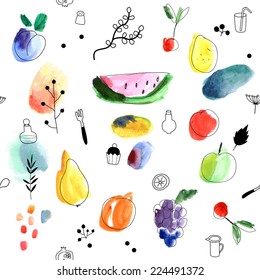 Seamless pattern with fruits, berries on a white background. Watercolor art. Freehand creative illustration.