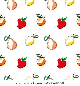 Seamless pattern of fruits and berries on a white background for packaging, cover, banner design. Vector illustration in linear style