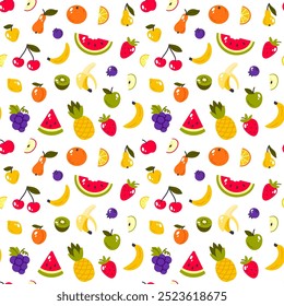 Padrão sem emenda com frutas e bagas no fundo branco. Ilustração vetorial.