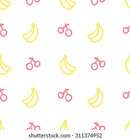 Seamless pattern with fruits, berries on a white background. Banana and cherry.