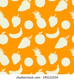 Seamless pattern with fruits and berries in orange and white. Pineapple. Strawberry. Apple. Oranges. Grapes. Banana. Endless print silhouette texture. Retro. Vintage style - vector