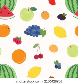 Seamless pattern of fruits and berries. Orange, apple, peach, watermelon, grape and lemon. Blackberry, raspberry, blueberry and cherry. Hand drawn vector illustration