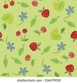 Seamless pattern with fruits and berries, pen drawn effect. Vector illustration