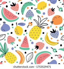 Seamless pattern with fruits and berries: pineapple, watermelon, figs, strawberries and others.