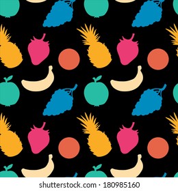 Seamless Pattern with Fruits and Berries. Pineapple. Strawberry. Apple. Orange. Grapes. Banana - vector