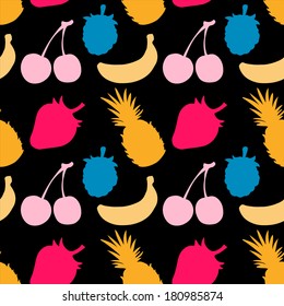 Seamless Pattern with Fruits and Berries. Pineapple. Strawberry. Cherry. Raspberry. Banana - vector