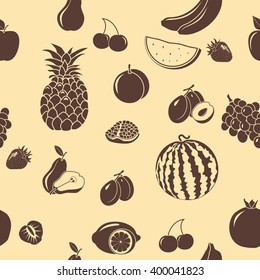 seamless pattern fruits and berries, silhouettes on a light background