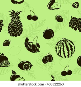 seamless pattern fruits and berries, silhouettes on a light background