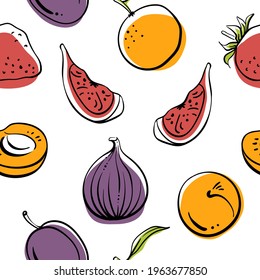 Seamless pattern with fruits and berries in sketchy style isolated on white background. Doodle hand drawn vector illustration