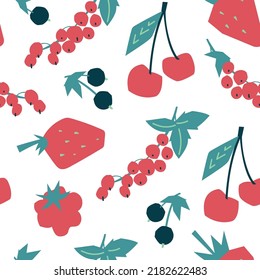 Seamless pattern of fruits and berries. Strawberries, cherries, currants, raspberries. Vector image.