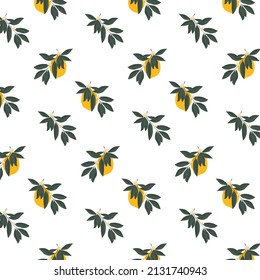 Nahtlose Muster mit Früchten und Beeren. Sommerillustrationen. Zeichnung von Haufen gelber Zitronen mit Blättern und weißen Blumen. Faltpapier, Postkarten.