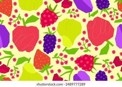 Patrón sin costuras con frutas, bayas y ramitas. Recorta las frutas sobre un fondo amarillo. Manzanas brillantes, peras, frambuesas, fresas, arándanos, cerezas, ciruelas. Ilustración vectorial.