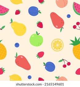 Seamless pattern of fruits and berries. Vector illustration. Summer fresh fruits watermelon, pineapple, strawberry, citrus. Flat style.