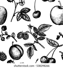 seamless pattern with fruits and berries, vintage vector illustration