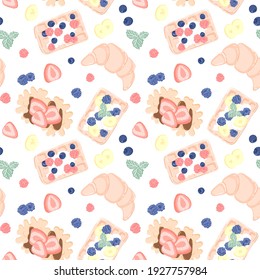 Seamless pattern with fruits, berries, waffles and croissant. Seamless design for textile or background with Belgian waffles.