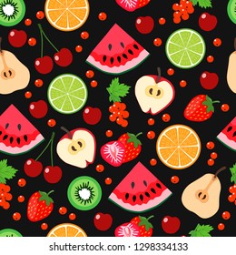 Seamless pattern with fruits and berries,flat style,for background,textiles,wwallpaper,wrapping.Vector illustration.