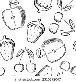 Patrón sin inconvenientes con frutas y bayas en forma de doodle dibujado a mano