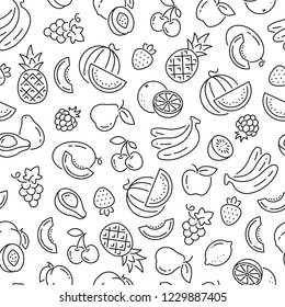 Seamless pattern with fruits. Black and white thin line icons