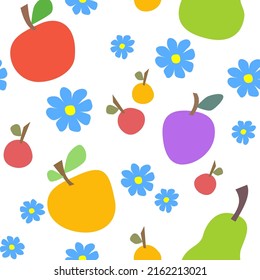 Seamless pattern with fruits and blue flowers. Suits as wallpaper, print, card, banner or anything with colorful summer atmosphere.