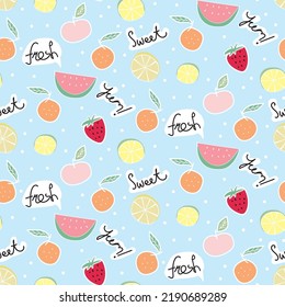 Seamless pattern of fruits with blue and white dots background elements. Doodle fruits with fresh, sweet, yum words. Cartoon style hand drawn. Vector illustration great for stationery, background.