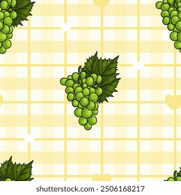 Seamless pattern with fruits bunch green grapes on yellow white checkered background. Vector illustration