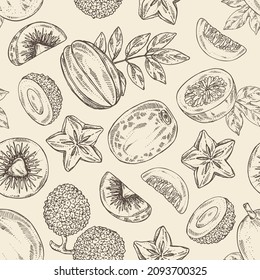 Motif harmonieux de fruits: fruits de carambola, lichee, fruit de la passion et kiwi. Image vectorielle illustration dessinée à la main.