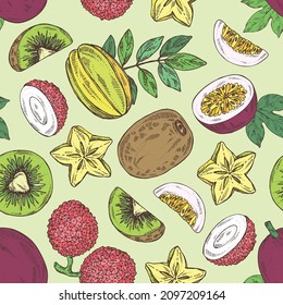 Seamless pattern with fruits: carambola fruit, lichee, passion fruit and kiwi. Vector hand drawn illustration.