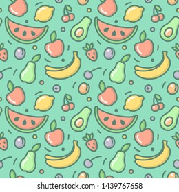 Seamless pattern with fruits. Cartoon style vector illustration. Suitable for wallpaper, wrapping or textile