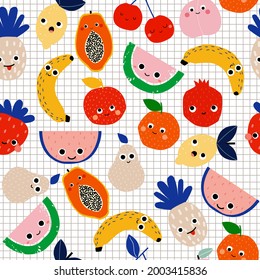 Seamless pattern with fruits characters. Summer kids print. Vector hand drawn illustration.