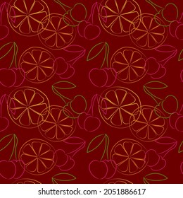 Seamless pattern with fruits cherries and lemon drawing in outline style