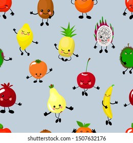Seamless pattern with fruits. Children's cartoon characters banana, pear, pomegranate fruit, persimmon