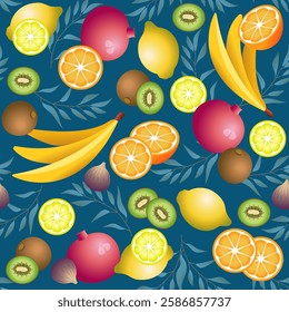 Seamless pattern with fruits - citrus, pomegranate, banana, kiwi, fig. For fabric, wallpaper, cover, wrapping paper.