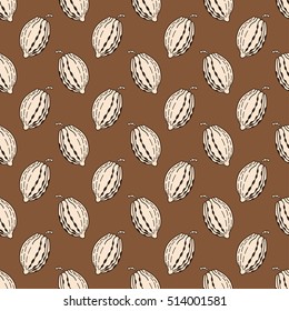 Seamless pattern fruits of cocoa beans on brown background. Vector illustration eps 8