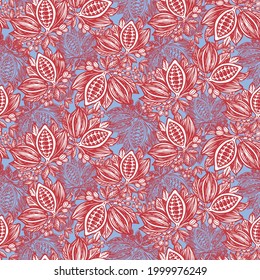 Seamless pattern with fruits and cocoa leaves. Background for packaging chocolate drink and chocolate. 
