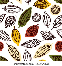 Seamless pattern with fruits and cocoa leaves. Background for packaging chocolate drink and chocolate. Hand drawn. Vector illustration.