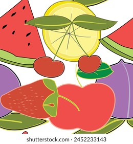 Seamless pattern of fruits; colorful fruits contoured; Contemporary art design with watermellon slice, cherry, strawberry, plum, lemon, apple