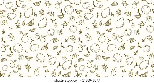 Seamless pattern of fruits in cool graphic style. Lemons, oranges, branches and leaves. Cute vector background.