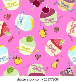 seamless pattern with fruits cupcakes