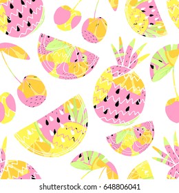 Seamless pattern with fruits. Cute summer background. Vector illustration