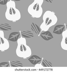 Seamless pattern of fruits, doodles,  object, pears, leaves, grains, hole,. Hand drawn.