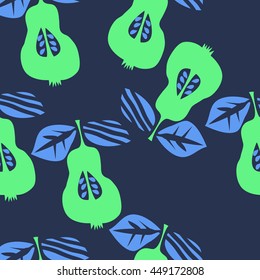 Seamless pattern of fruits, doodles,  object, pears, leaves, grains, hole,. Hand drawn.