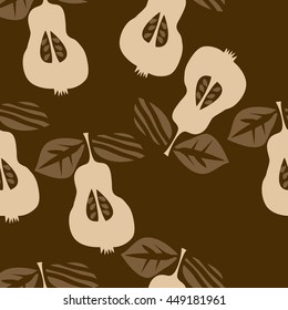 Seamless pattern of fruits, doodles,  object, pears, leaves, grains, hole,. Hand drawn.