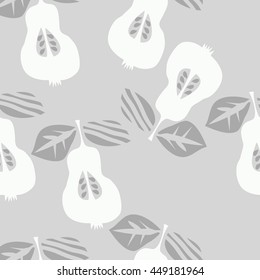 Seamless pattern of fruits, doodles,  object, pears, leaves, grains, hole,. Hand drawn.