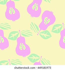Seamless pattern of fruits, doodles,  object, pears, leaves, grains, hole,. Hand drawn.