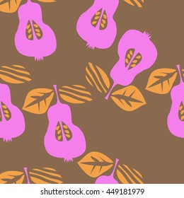 Seamless pattern of fruits, doodles,  object, pears, leaves, grains, hole,. Hand drawn.