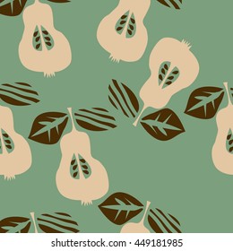Seamless pattern of fruits, doodles,  object, pears, leaves, grains, hole,. Hand drawn.